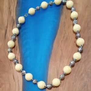 Vintage Ivory Colored Beaded Necklace with Silver Accents